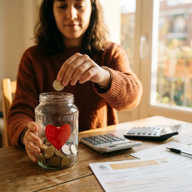 Person depositing coins in a charity jar with a heart next to a tax return form