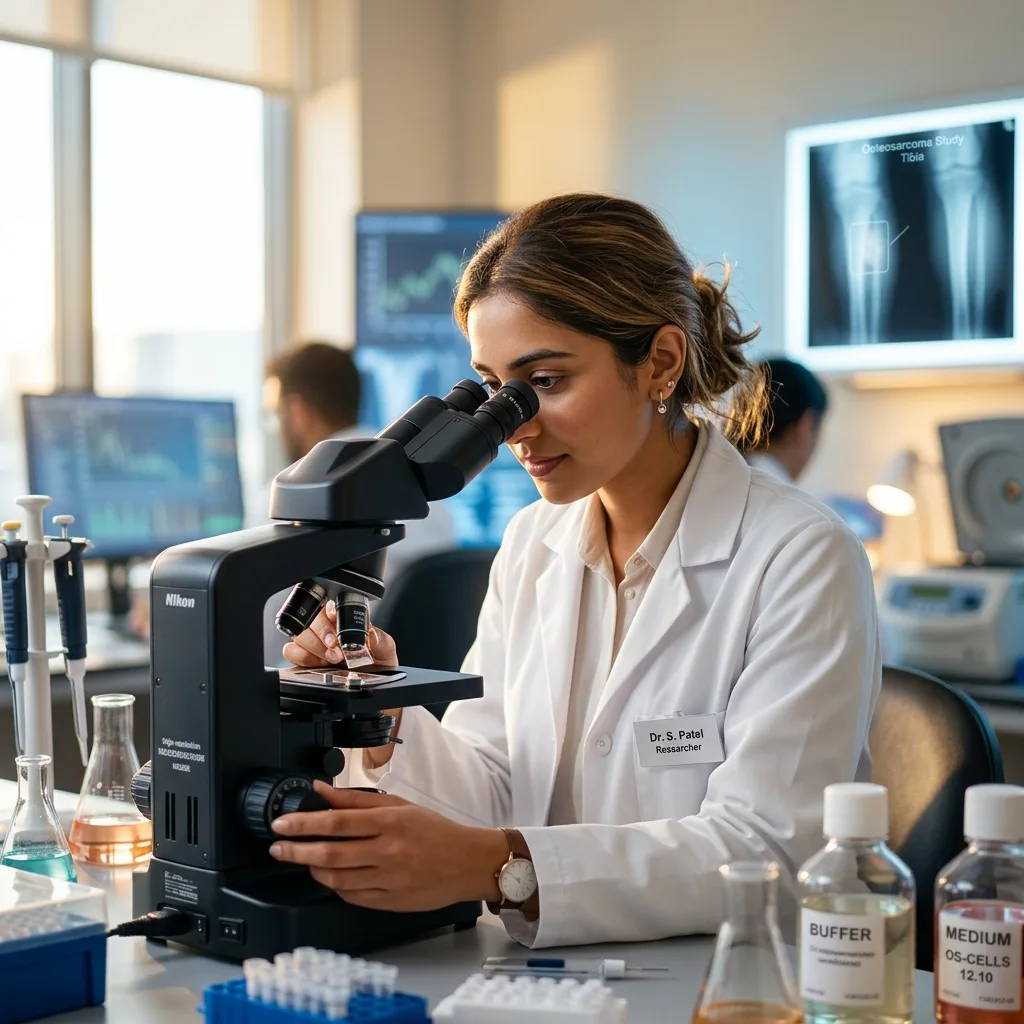 Researcher analysing bone samples in a paediatric oncology laboratory