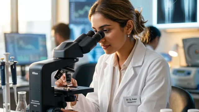 Researcher analysing bone samples in a paediatric oncology laboratory